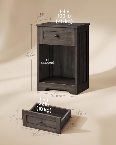 VASAGLE Traditional Basic Nightstand with Charging Station, Wood End Table with 1 Drawer and Open Shelf, 15.7 x 11.8 x 23.2 in, Taupe, for Bedroom, Siren Collection ULET828TA01S - color: Taupe, size: 2 pack