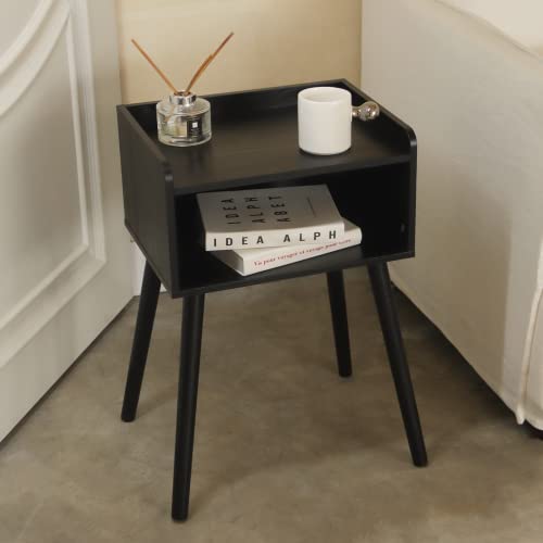 MaxSmeo Nightstand, Mid Century Modern Side Table Bedroom with Storage, Small End Bedside Table with Solid Wood Legs for Living Room, Office Small Spaces (Black) - color: Black