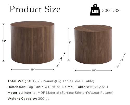 EALSON Nesting Coffee Tables Set of 2 Farmhouse Small Round End Tables Modern Wood Circle Side Table Drum Table for Living Room Small Spaces Bedroom Balcony, No Assembly, Walnut - color: Walnut