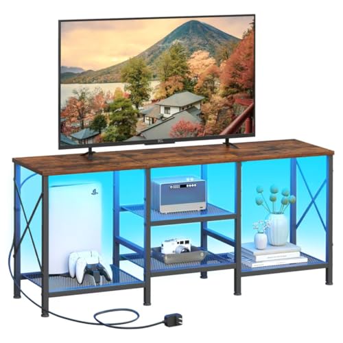 JARHETUN TV Stand with LED Lights for 55 Inch TV, Entertainment Center with 3-Tier Open Shelves, TV Console Table for Living Room, Bedroom, Rustic Brown - color: Rustic Brown With Led Light