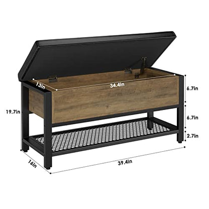 HOSTACK 40" W Storage Bench, Entryway Shoe Bench with Cushion, Rustic Brown | Wood Metal Bench with Flip-Open Hidden Storage, Ottoman Bench with Padded Seat & Shoe Rack for Hallway, Bedroom, Living Room - color: Rustic Brown