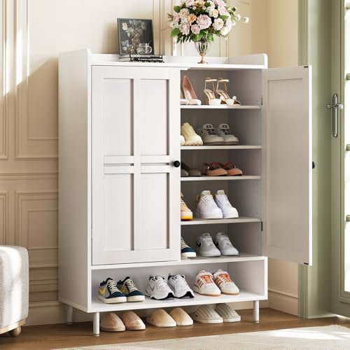 ComfyCorner White 7+1 Tier Farmhouse Shoe Storage Cabinet - 45" Tall Entryway Organizer with Cross Molding Doors, 3 Adjustable Shelves & Metal Legs, Shoe Rack for Front Door Entrance - color: White