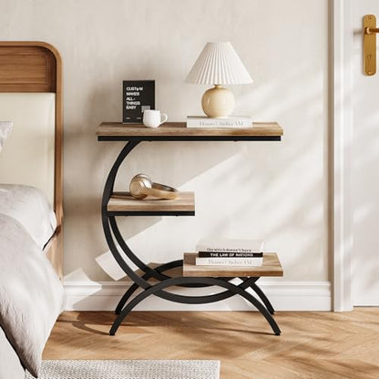 LITTLE TREE End Table, Narrow End Table with 3 Storage Shelves, Industrial C-Shaped Small Sofa Side Table for Living Room, Wood Slim Snack Table with Black Metal Frame, Oak - color: Oak