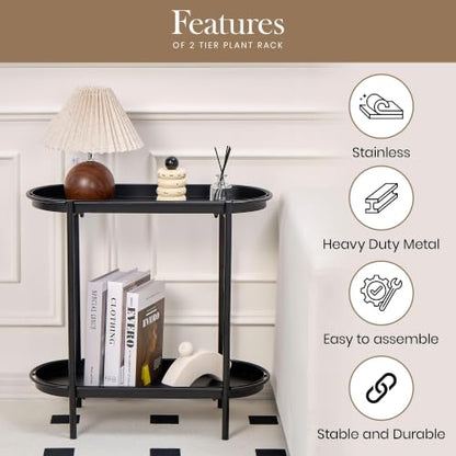 Large Metal 2-Tier Multi-Purpose Stand – Sleek Black Indoor/Outdoor Oval Shelving Unit; Modern Storage Rack for Home Decor, Books, Bathroom Essentials, or Plants