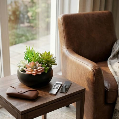 MyGift Mini Artificial Succulent in Pot, Fake Plant Arrangement in Black Ceramic Planter Bowl - color: Black