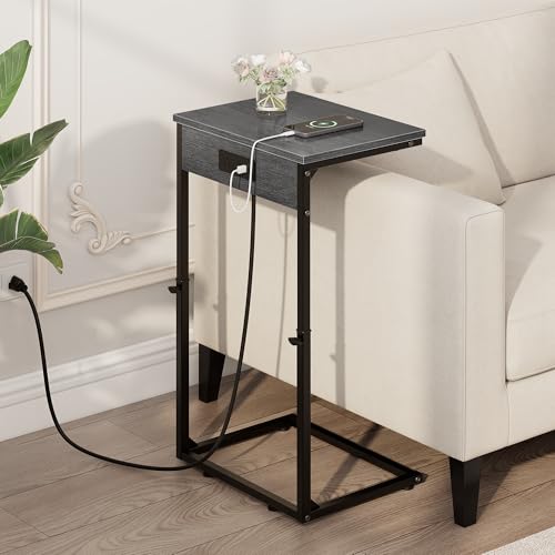 Vagusicc C Shaped End Table with Charging Station, Adjustable Height Side Table for Couch, Small Side Table, 33.2'' Tall Couch Tables that Slide Under, Tv Tray End Table for Living Room, Gray Walnut - color: Gray Walnut (1 Pack), style: With Plug