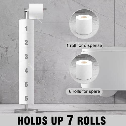 Toilet Paper Holder Stand 1 pc, Height Adjustable, Reserve Tissue for 6 Spare Rolls, Bathroom Storage, Rustproof with SUS304 Stainless Steel (Brushed Nickel) - color: Nickel Brushed