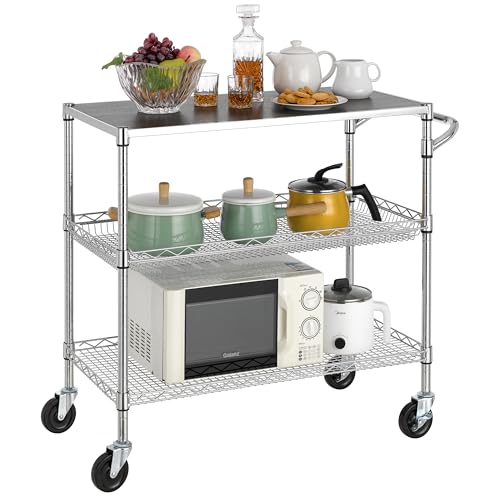 Finnhomy 3 Tier Heavy Duty Commercial Grade Utility Cart with Wood Top, Wire Rolling Cart with Wheels and Handle Bar, Kitchen Carts on Wheels, 18x36x35.4 H Metal Cart with 600 LBS Capacity, Chrome - style: 36“L Chrome