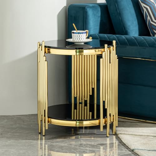 Set of 2 Modern Luxury 2-Tier Round End Tables, Black Tempered Glass Tops, Gold Stainless Steel Frames, Small Elegant Side Tables for Living Room, Bedroom, Office, or Café - color: End Table Set of 2