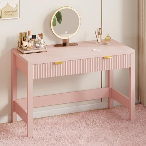 39 Inch Small Fluted Computer Desk with 2 Drawers for Bedroom, Home Office | Small Computer Desk with Storage, Compact Writing Study Desk for Small Spaces, Blue - color: Pink, size: 39-Inch Desk