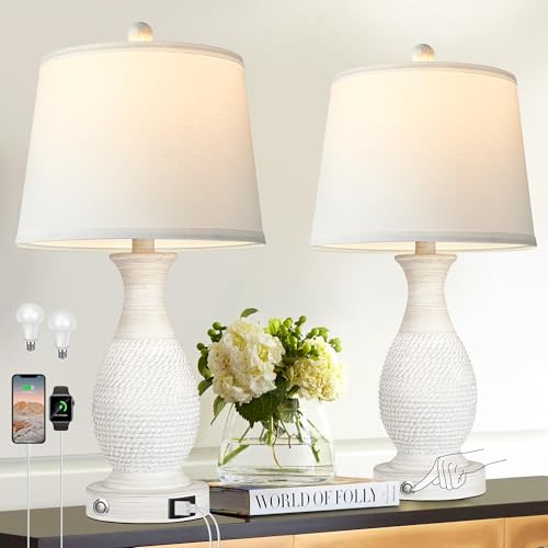PARTPHONER Set of 2 Table Lamps with USB C+A Fast Charging Ports, 26" Tall Farmhouse Living Room Lamp with 3-Way Dimmable Nightstand Lamp White Fabric Shade for Living Room Bedroom Home Office - size: (No Color) 26" Touch Lamp