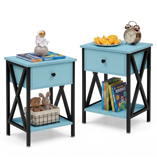 VECELO Nightstands Set of 2, Modern Bedside End Tables, Night Stands with Drawer and Storage Shelf for Living Room Bedroom, Industrial Metal Frame - color: Light Blue, size: Set of 2 - 15.8"W x 11.8"D x 21.7"H