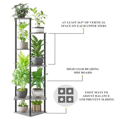 Tall Plant Stand Indoor, 7-Tier Modern Plant Shelf for Multiple Plants, Wood Metal Flower Holder for Living Room Balcony Bedroom, Oak Grey
