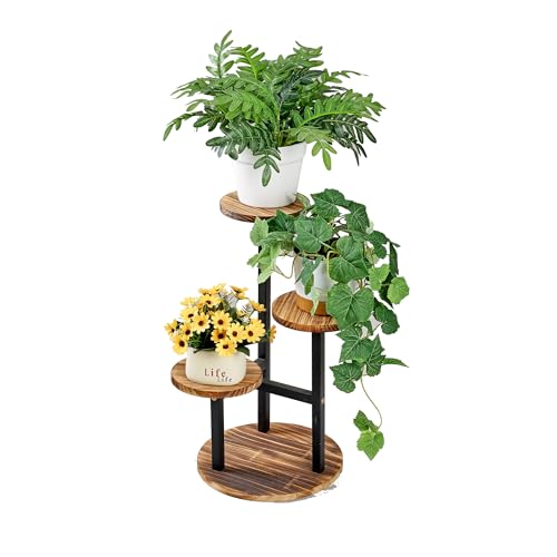 VECELO 4 Tier Plant Stand Indoor Outdoor, Tall Metal Wood Flower Shelf for Multiple Plants, Small Tiered Round Corner Display Rack, Planter Pot Holder for Patio Garden Balcony Living Room Bedroom - size: 4-Tier