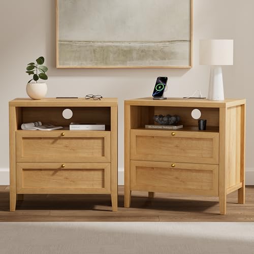 Farmhouse Nightstands with 2 Drawers Set of 2, Wooden End Tables with Open Storage Cable Hole Freestanding Wide Bedside Table for Bedroom Living Room Sofa, Natural Oak - color: 2 Drawers/Natural Oak, size: 2PCS