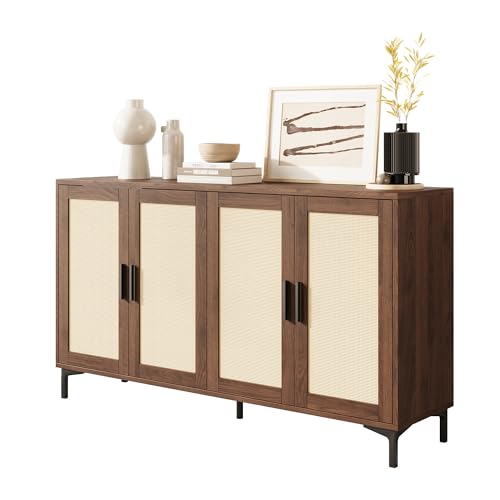 JASIWAY 48" Rattan Buffet Cabinet with Storage, Walnut Coffee Bar Cabinet | Storage Buffet With Doors and Adjustable Shelves, Sideboard Console for Kitchen, Dining Room, Living Room, Anti-Tip - color: Walnut