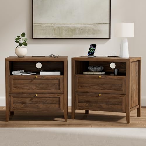 Farmhouse End Table with 2 Drawers Set of 2, Wooden Nightstand with Open Storage Cable Hole Freestanding Wide Bedside Table for Bedroom Living Room Sofa, Brown - color: 2 Drawers/Brown, size: 2PCS