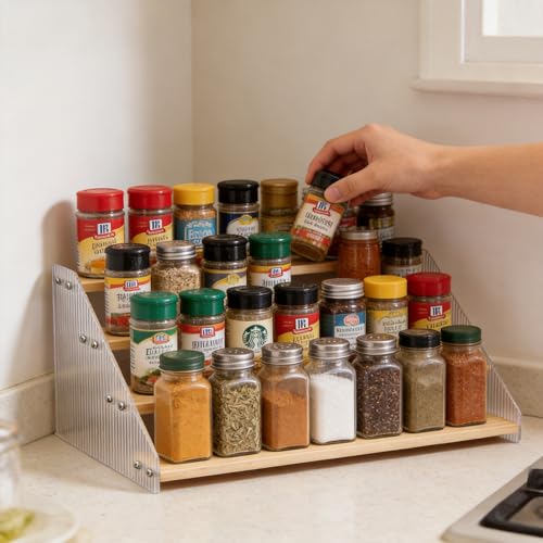 Tiered Spice Rack Organizer for Countertop & Cabinet, 4-Tier 16in Kitchen Seasoning Storage Shelf, Space Saving Standing Spice Organizer, Wooden & Acrylic, Solid Wood - color: Natural Wood, size: 4-Tier 16in