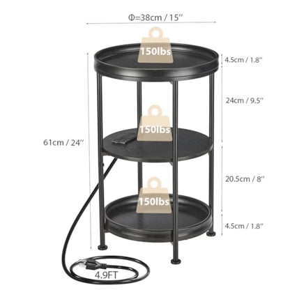 Dulcii Round Side Table with Charging Station, 24'' End Table with 3 Shelves for Living Room, Bedroom Nightstand with Steel Frame for Small Spaces, Industrial Round Sofa Table (USB+Black) - color: Black, style: With Outlets