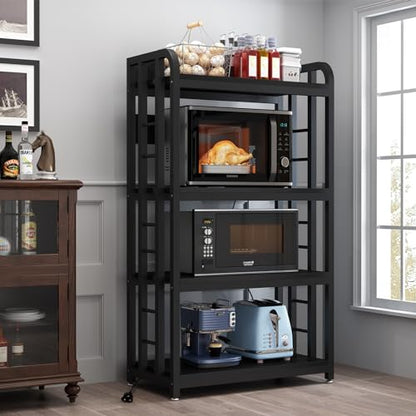 Bakers Rack with Power Outlet ，Microwave Stand 4-Tier Kitchen Baker's Rack, Free Standing Baker's Rack Kitchen Stands with Storage Suitable for Kitchen, Living Room, Dinning Room，Coffee Bar (Black) - color: Black