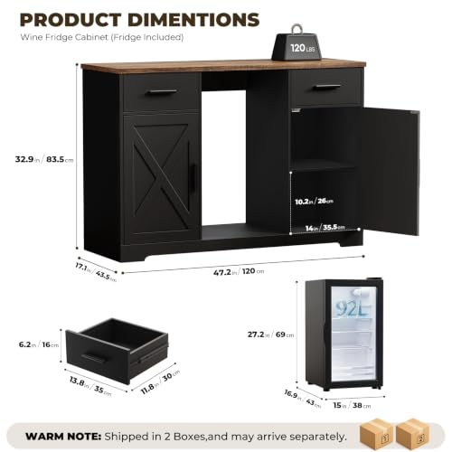 Large Coffee Bar Cabinet with Fridge (Fridge Included), 47'' Farmhouse Bar Cabinet with Wine Storage, Buffet Sideboard Table Station with 2 Drawers & Large Countertop for Home, Black