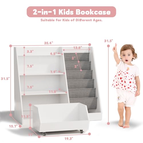 COZPAW Kids Bookshelf and Toy Storage, 4 Tier Toddler Bookshelf with Movable Drawer (White) - color: White