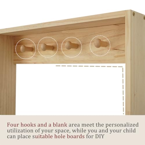 Wooden Kids Bookshelf, Wall Mount Shelf with Hooks, Organizer for Toys and Books, Space-Saving
