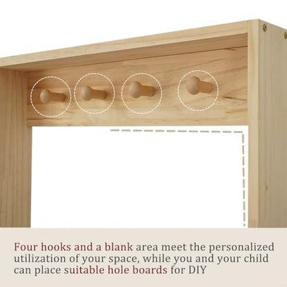 Wooden Kids Bookshelf, Wall Mount Shelf with Hooks, Organizer for Toys and Books, Space-Saving