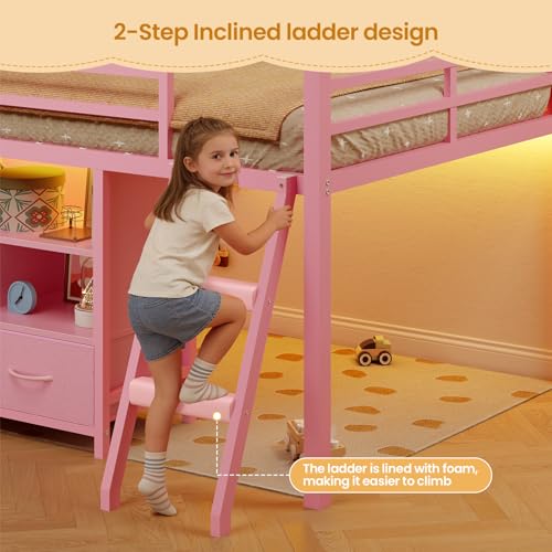 BTHFST Low Loft Bed Twin Size with 3 Storage Drawers, 3-Tier Kids Bookshelf, 5 Open Cubbies and 2 LED Lights Strips, Metal Kids Loft Bed with High Safety Guardrail, Inclined Ladder and Play Area - color: Pink