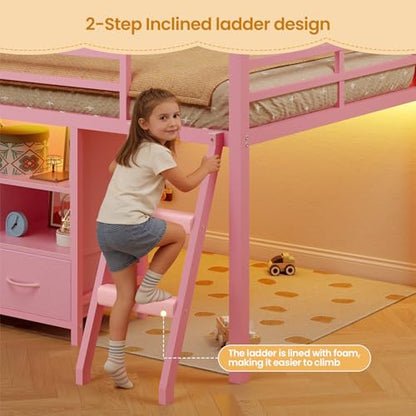 BTHFST Low Loft Bed Twin Size with 3 Storage Drawers, 3-Tier Kids Bookshelf, 5 Open Cubbies and 2 LED Lights Strips, Metal Kids Loft Bed with High Safety Guardrail, Inclined Ladder and Play Area - color: Pink