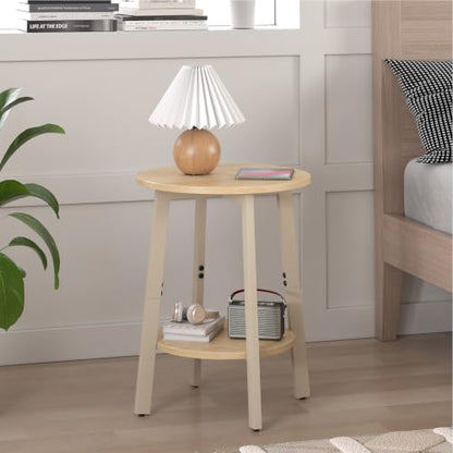 sthmec Side Table, Small Round End Table with Storage Shelf for Small Space, 2-Tier Bedside Table Sofa Couch Table, Round Accent Table Nighstands for Living Room, Bedroom, Natural - color: Natural