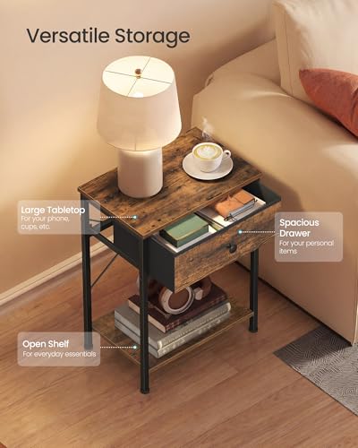 SONGMICS Nightstand, Small Side Table with Fabric Drawer, Narrow End Table, 15.6 x 11.8 x 23.8 in, Bedroom Furniture for Small Spaces, Rustic Brown, BELLAH Collection ULGS101K101S | Side End Table for Bedroom, Living Room, Rustic Brown, BELLAH Collection,