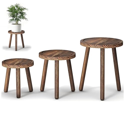 FUSHITON 3-Pack Wood Plant Stands Indoor, Heavy Burnt Finish, Set of 3 Mid-Century Modern Plant Stool, Tall Flower Stand Holder for Living Room, Balcony, Office Corner - color: Heavy Burnt