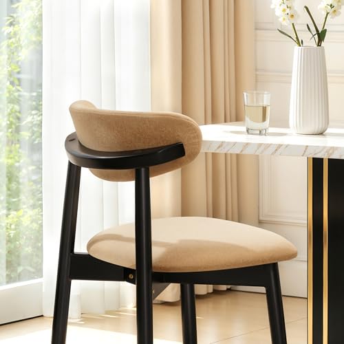 CHUN YI Dining Chairs Set of 4, Upholstered Wooden Dining Room Chairs with Ergonomic Curved Back, Mid Century Modern Fabric Kitchen Chairs, Khaki (Only Chairs) - color: Khaki, size: Set of 4