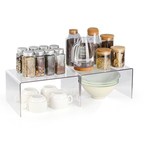 Clear Acrylic Cabinet Organizer Shelf 2Pcs, Stackable Cabinet Shelves, Dish Organizer for Cabinet, Kitchen Cabinet Organizer Riser, Pantry Cupboard Storage for Spice Bottles, Mugs, Small Plates & Jars