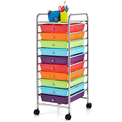 KOTEK 10-Drawer Multipurpose Rolling Storage Cart, Mobile Craft Cart with Wheels & Lockable Brakes, Home Office School Tools Organizer (Multicolor) - color: Multicolor-Combo2