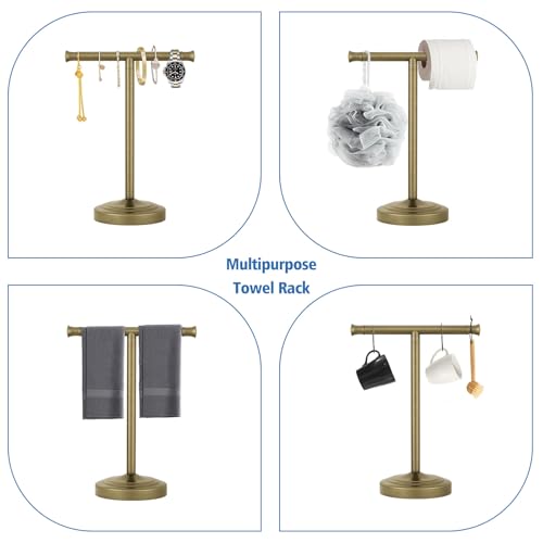 RUMOSE 13 Inch Antique Brass Towel Bar Stand Hand Holder Bathroom Kitchen Vanity Countertop T-Shape Towel Rack Free Standing Stainless Steel - color: Antique Brass