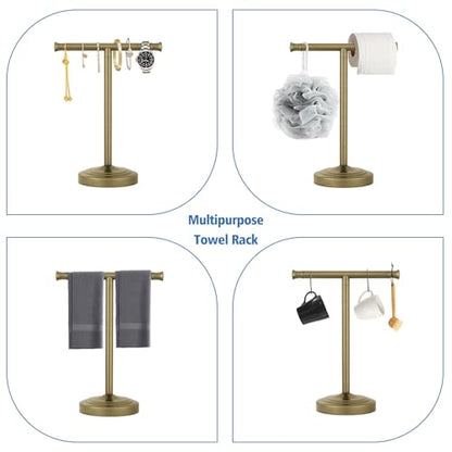 RUMOSE 13 Inch Antique Brass Towel Bar Stand Hand Holder Bathroom Kitchen Vanity Countertop T-Shape Towel Rack Free Standing Stainless Steel - color: Antique Brass