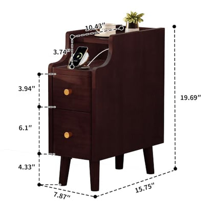 7.9" Solid Wood Narrow Nightstand with Drawers & Tray,Black Walnut | Perfect for small spaces, this slim bedside table features a pull-out tray, cable routing, and minimal easy assembly - color: Black Walnut, size: 8''