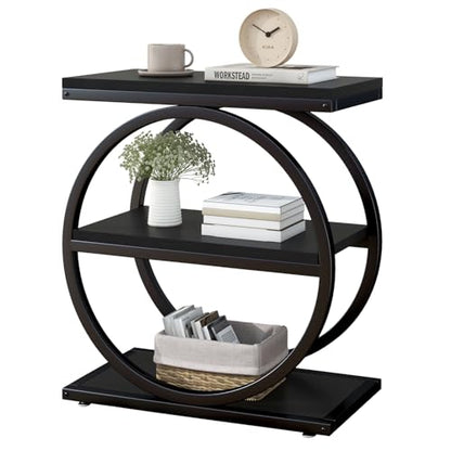IBUYKE Narrow End Table with 3 Storage Shelves, Industrial Sofa Side Table, Double Round Metal Frames, Slim Nightstand and Bedside Table for Bedroom, Living Room, Black UTMJ418B - color: Black