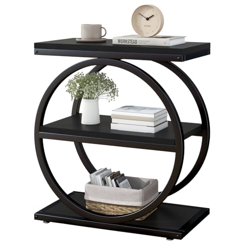 IBUYKE Narrow End Table with 3 Storage Shelves, Industrial Sofa Side Table, Double Round Metal Frames, Slim Nightstand and Bedside Table for Bedroom, Living Room, Black UTMJ418B - color: Black