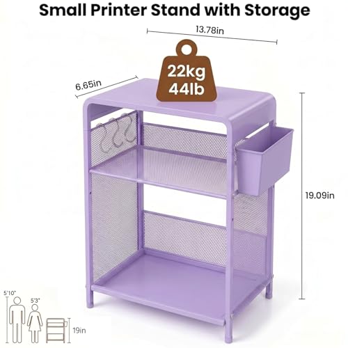 ECOLOVI 3 Tier Printer Stand for Under Desk, Height Adjustable Shelf Small Printer Table with 3 S-Hooks & Basket, Heavy Duty Industrial Storage Shelf for Home Office (Purple Metal) - color: Purple