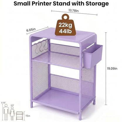 ECOLOVI 3 Tier Printer Stand for Under Desk, Height Adjustable Shelf Small Printer Table with 3 S-Hooks & Basket, Heavy Duty Industrial Storage Shelf for Home Office (Purple Metal) - color: Purple