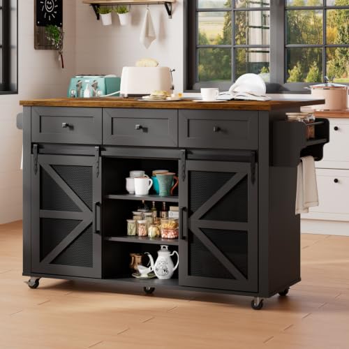 Kitchen Island with Storage, 55" Kitchen Cart with Charging Station, Rolling Kitchen Island Table with Drop-Leaf, 3 Drawers, Barn Doors, Towel Rack and Spice Rack, Black and Rustic Brown - color: Black + Rustic Brown
