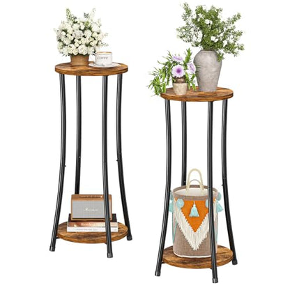 Ekisemio 2-Pack Plant Stand Indoor Outdoor, 2-Tier Round Flower Pot Holder with Rustic Brown Finish, Corner Plant Shelf for Balcony, Garden, Patio or Living Room