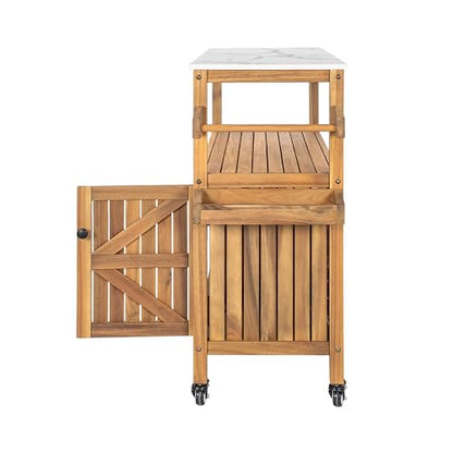 Merax Outdoor Acacia Wood Bar Cart, Natural Finish with Marble-Effect Top | Lockable Wheels & Bottle Holders for Indoor, Outdoor, Patio - style: Style 2