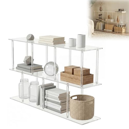 3-Tier Acrylic Clear Bookshelf 11.8''D X 47.2''W X 24.6''H Horizontal Bookshelf with Large Storage Cube Organizer Shelf Easy Assembly for Home Office Living Room Bedroom