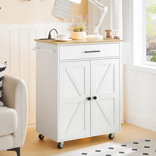 HOOBRO Kitchen Island with Power Outlet, Rolling Kitchen Island with Large Worktop, Kitchen Island Cart with Spice Rack and Drawer, Island Table for Dining Room, White and Natural WN88UZD01 - color: Natural + White