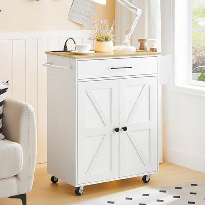 HOOBRO Kitchen Island with Power Outlet, Rolling Kitchen Island with Large Worktop, Kitchen Island Cart with Spice Rack and Drawer, Island Table for Dining Room, White and Natural WN88UZD01 - color: Natural + White