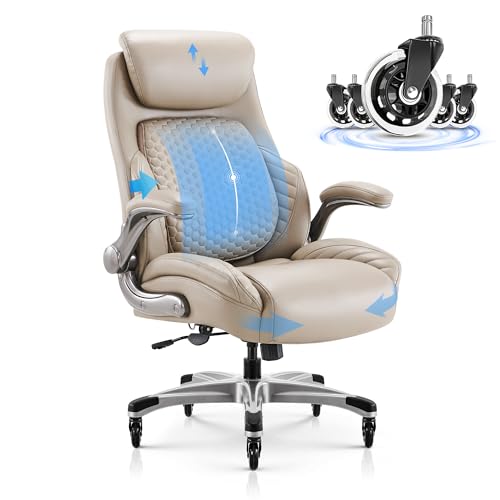 COLAMY Office Ergonomic Desk High Back Executive Chair with Pop-Out Lumbar Support, Upgraded Casters, Adjustable Headrest, Flip-Up Arms, Leather Home with Thick Cushion for Comfort - Khaki - color: Khaki, size: 1PC